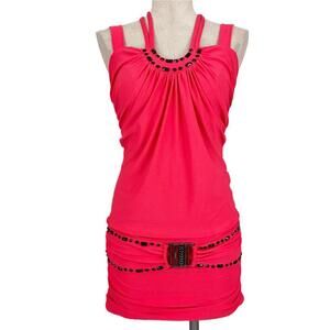 y2k hot pink slinky mini clubbing dress with black studs